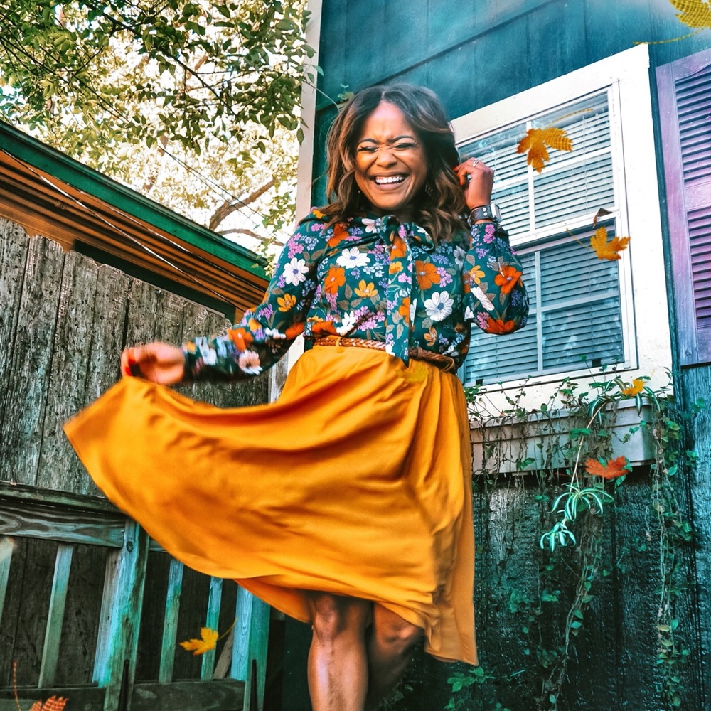 Modcloth Floral Blouse with Mustard Skirt